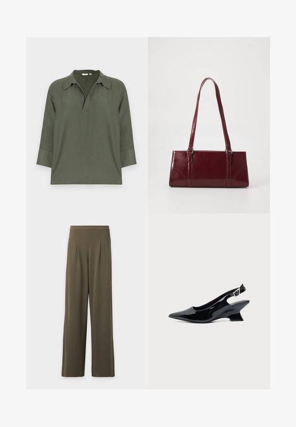 Chemise à manches longues vert olive avec un col large et une ouverture en V, fabriquée en tissu léger avec une coupe ample et décontractée.; Pantalon kaki large à taille haute, plis devant et ourlets droits, présenté sur un fond blanc uni.; Chaussure slingback en cuir verni noir avec bout pointu et petit talon bloc incliné sur fond clair uni.; Sac à main bordeaux en matériau brillant, de forme rectangulaire, avec deux anses et des accents légèrement courbés à l'avant.