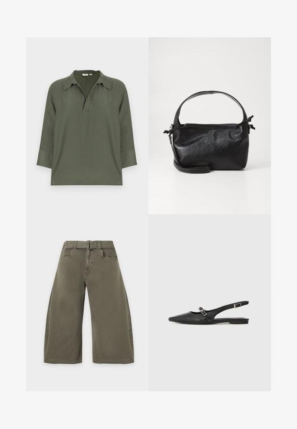 Chemise à manches longues vert olive avec un col large et une ouverture en V, fabriquée en tissu léger avec une coupe ample et décontractée.; Pantalon court ample vert olive avec poches devant et ceinture en tissu assortie à la taille.; Chaussures slingback en cuir noir avec un bout pointu, comprenant une lanière étroite et un accent de boucle argentée sur le côté. Semelle plate.; Sac à main en cuir noir au design structuré, avec une poignée arrondie et une bandoulière amovible. Présente une texture lisse et un éclat subtil.
