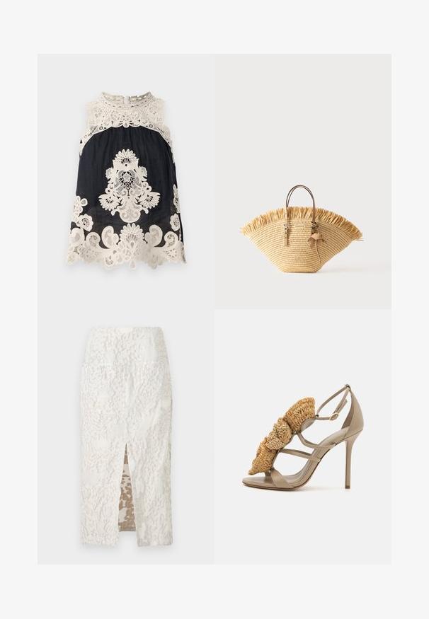 Marineblå ærmeløs top med intrikate elfenben lace-detaljer ved halsudskæringen og kanten, med blomster- og paisleymønstre gennem hele designet.; Hvid knælængde nederdel med tekstureret blomsterprint og frontslids, lige snit, vist på ensfarvet baggrund.; Beige stiletto sandal med en vævet strådetalje på forsiden, med rem-design og lukket bag. Glat læderoverdel og sål.; Flettet stråtaske med frynset øverste kant, to tan læderhåndtag med spælsdetaljer og en læder kvast som tilbehør.