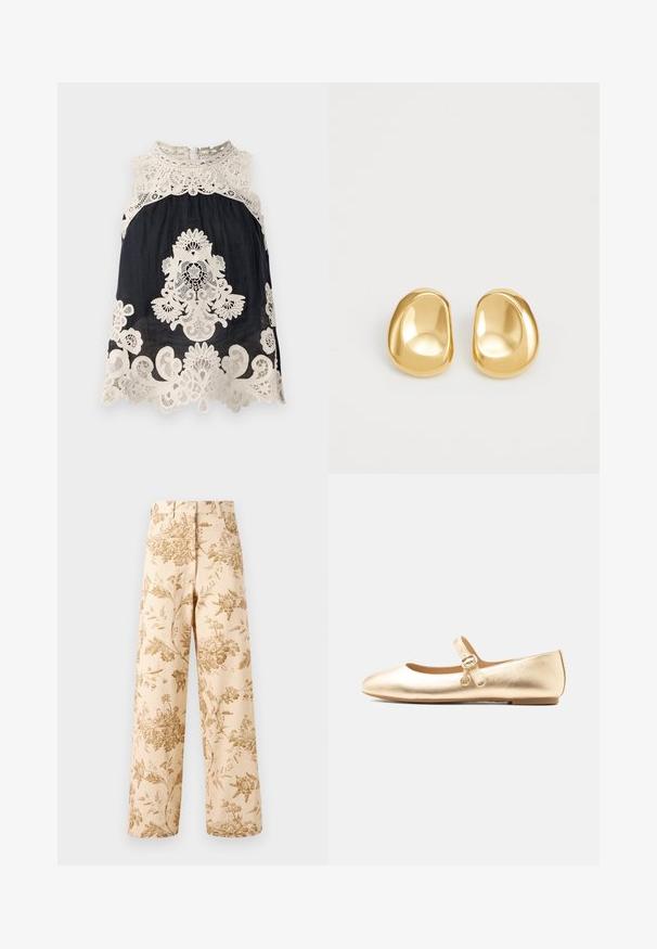 Marineblå ærmeløs top med intrikate elfenben lace-detaljer ved halsudskæringen og kanten, med blomster- og paisleymønstre gennem hele designet.; Blomsterprintbukser i beige med indviklede guldmønstre, højtaljede, vidde ben-design, lavet af letvægtigt bomuldsstof.; Guldmetallic Mary Jane flad sko med spænde og lille rund charm på hvid baggrund, sidevisning.; Guldfarvede stud øreringe med en glat, rund form og en reflekterende overflade, der fremhæver et minimalistisk design uden synlige mønstre.