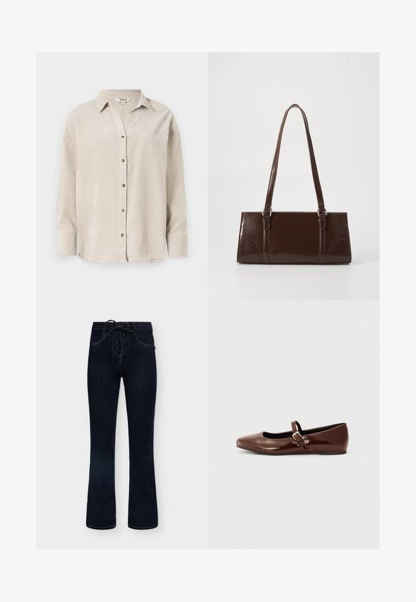 Chemise à manches longues beige clair avec un devant boutonné, coupe décontractée et tissu texturé. Dispose d'un col classique et de boutons visibles.; Jean en denim bleu foncé avec une légère évasement et une fermeture à lacets sur le devant, avec des poches avant et des détails de coutures visibles.; Ballerine en cuir verni marron avec un bout carré et une lanière ornée d'une petite boucle dorée. Texture lisse, talon bas et design minimaliste.; Sac à main en cuir verni marron de forme rectangulaire, avec deux longues poignées et des accents courbés subtils à l'avant.