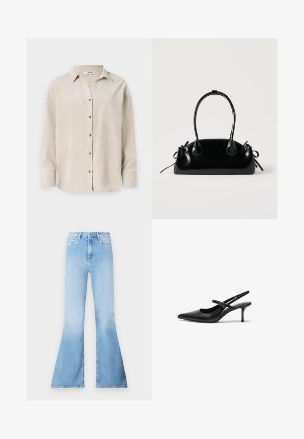 Chemise à manches longues beige clair avec un devant boutonné, coupe décontractée et tissu texturé. Dispose d'un col classique et de boutons visibles.; Jean évasé bleu clair en denim avec une taille haute, doté de poches avant et d'une texture délavée vers le bas des jambes.; Talons aiguilles noires en cuir avec un bout pointu, une fine bride réglable, et un talon aiguille d'environ 5 cm, texture lisse.; Petit sac à main noir brillant avec deux longues anses et des détails à cordon sur les côtés sur un fond clair uni.