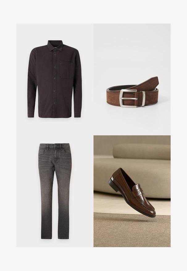 Chemise à manches longues marron foncé en coton, avec un col à boutons, une poche avant et des boutons noirs pour la fermeture.; TOM TAILOR JOSH - Jean droit - used dark stone black denim; Mocassin en cuir marron avec un motif texturé flottant au-dessus d'un tapis beige avec un canapé beige assorti en arrière-plan.; Ceinture en suède marron avec une boucle en métal argenté et des détails de coutures linéaires. La ceinture est plate et a une largeur et une forme classiques.
