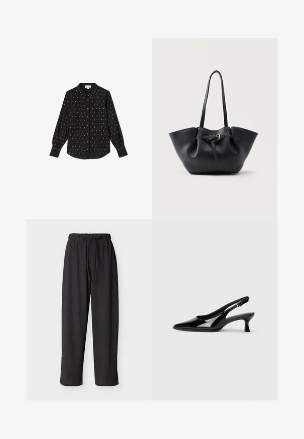 Chemise noire à manches longues avec boutons, à pois dorés, col pointu et poignets boutonnés.; Pantalon noir à coupe ample avec texture, taille élastique et fermeture à cordon, jambes droites, adapté pour une tenue décontractée.; Escarpins en cuir verni noir avec un bout pointu et un petit talon carré. Sangle réglable à la cheville avec boucle.; Sac cabas en cuir noir avec longues poignées et une lanière avant ornée d'une petite boucle dorée, sur fond uni.