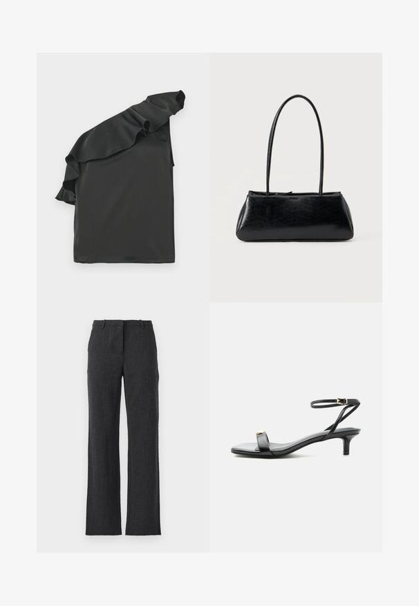 Haut en satin noir avec un design asymétrique à une épaule, agrémenté d'un accent froncé. Texture lisse, forme asymétrique et sans hardware visible.; Pantalons droit en gris charbon, fabriqués dans un tissu texturé. Ils présentent des passants de ceinture, un devant plat, et pas de poches visibles.; Sandale noire en cuir à bout ouvert avec petit talon kitten, fine bride de cheville avec boucle dorée et accent décoratif doré sur la bride avant.; Sac à épaule rectangulaire noir avec de longues bretelles fines et une texture lisse et brillante sur un fond uni.