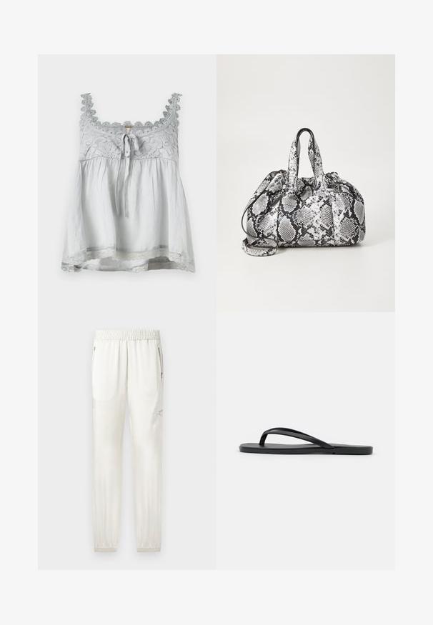 Top de tela gris con ribete de encaje y detalles decorativos. Presenta un lazo en la parte delantera y una forma suelta y fluida. Tirantes finos.; Joggers de crema clara con cinturilla elástica, puños ajustados, bolsillos laterales y detalles con cremallera. Acabado de tela suave y ligeramente brillante.; Chanclas negras con un diseño minimalista, suela plana, tiras estrechas y una textura suave. Sin patrones ni acentos adicionales.; Bolso de mano con patrón de piel de serpiente en blanco y negro, con dos asas, un cierre de cordón y una correa para el hombro desmontable. Textura suave.