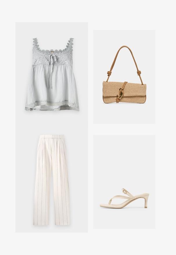 Top de tela gris con ribete de encaje y detalles decorativos. Presenta un lazo en la parte delantera y una forma suelta y fluida. Tirantes finos.; Pantalones de pierna ancha plisados en tejido blanco roto con delgadas rayas verticales grises. Presentan una cinturilla ajustada y un corte relajado a lo largo de las piernas.; Sandalia de tacón beige con una tira para el dedo, finas correas, hebilla dorada ajustable y un tacón bajo tipo gatito sobre un fondo blanco.; Bolso de mano rectangular tejido en color beige con asa de cuero marrón claro que presenta nudos y un cierre de gancho en tono dorado sobre un fondo liso.