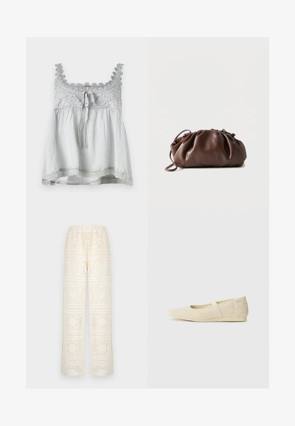 Top de tela gris con ribete de encaje y detalles decorativos. Presenta un lazo en la parte delantera y una forma suelta y fluida. Tirantes finos.; Pantalones anchos de encaje blanco con patrones recortados geométricos y florales, cintura elástica y tejido semitransparente.; Bailarinas beige con un exterior de cuero liso, punta en forma de almendra y una correa elástica en el empeine, con detalles de costura sutiles.; Bolso tipo bolsa de cuero marrón suave con parte superior fruncida y asa delgada, apoyado sobre un fondo blanco.