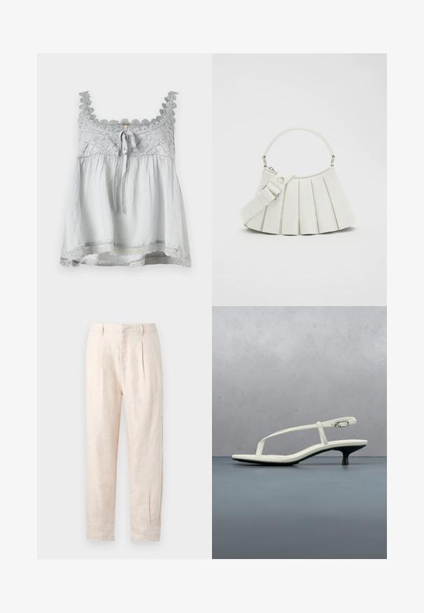 Top de tela gris con ribete de encaje y detalles decorativos. Presenta un lazo en la parte delantera y una forma suelta y fluida. Tirantes finos.; Pantalones de lino beige claro con corte recto, que presentan dos pliegues frontales, bolsillos laterales y una superficie ligeramente texturizada.; Sandalia blanca de tacón kitten con tiras y punta afilada, flotando sobre un suelo de baldosas de madera al aire libre, con un fondo desenfocado de plantas y pared.; Lacoste LENGLEN BAG - Bolso de mano - cristalline