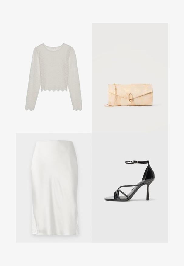 Cremefarvet langærmet top med et tekstureret blomsterdesign, cropped style og bølget kant. Lavet af et let, semi-gennemsigtigt materiale.; Hvid satin midi nederdel med høj talje og blonderindsatser i sidesømmene, vist på en ensfarvet lys baggrund.; Sorte laklæder højhælede sandal med ankelrem, der har krydskrydsede stropper og en slank spids tå.; Beige clutchtaske med præget blomsterrelief, guldkæde og ovalt guldlås på frontklappen.