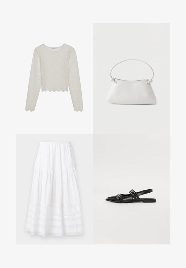 Top de manga larga color crema con un patrón floral texturizado, diseño recortado y dobladillo con forma de concha. Hecho de una tela liviana y semitranslúcida.; Falda midi blanca de capas con cinturilla elástica y detalles de paneles transparentes horizontales cerca del dobladillo sobre un fondo liso.; Even&Odd Bailarinas con tira trasera - black; Bolso de mano de cuero blanco tejido con asa redondeada y extremos de la correa anudados, exhibido sobre un fondo liso.