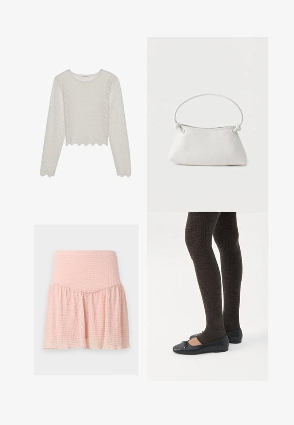 Cremefarvet langærmet top med et tekstureret blomsterdesign, cropped style og bølget kant. Lavet af et let, semi-gennemsigtigt materiale.; Lyserød textureret mininederdel med bred talje og rynket stofdetalje på ensfarvet baggrund.; Ben iført mørke ribbede leggings kombineret med sorte balletsko med små sløjfedetaljer på hvid baggrund.; Hvid fletlæderhåndtaske med afrundet håndtag og ender på remmen, der er knyttet, vist mod en ensfarvet baggrund.