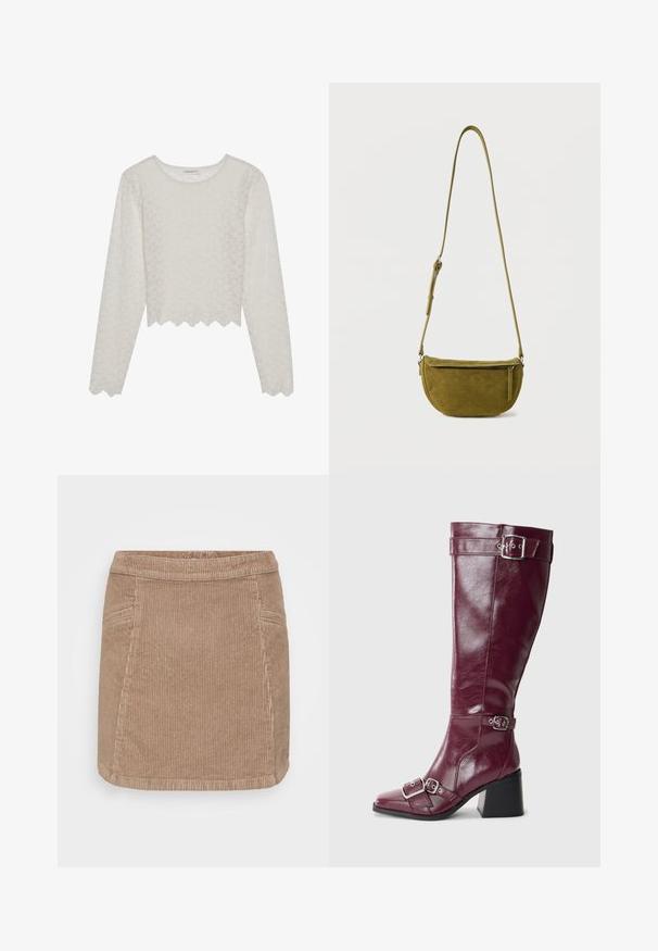 Cremefarvet langærmet top med et tekstureret blomsterdesign, cropped style og bølget kant. Lavet af et let, semi-gennemsigtigt materiale.; Fløjlskørt i en lys brun farve. Har en tætsiddende talje, lodret ribbet tekstur og to sidelommer. Længde til midt på låret.; Burgundy læderknæhøje støvler med spidse tæer, sølvspænder og blokhæl. Har en glat, skinnende overflade.; Olivengrøn ruskind skuldertaske med justerbar rem og lynlåslomme foran på ensfarvet hvid baggrund.