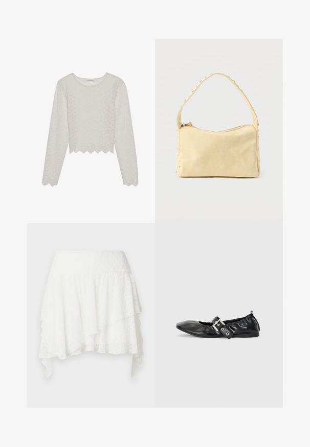 Cremefarvet langærmet top med et tekstureret blomsterdesign, cropped style og bølget kant. Lavet af et let, semi-gennemsigtigt materiale.; Hvid tylskørt med lag, bred linning og asymmetrisk skørt med spidse kanter.; Sorte læder flade sko med spids tå, samling detaljer omkring åbningen, og en sølv spænde accent på den justerbare rem.; Lille beige læderhåndtaske med en enkelt rem og sølvnitter langs kanterne og remmen, sat mod en ensfarvet baggrund.