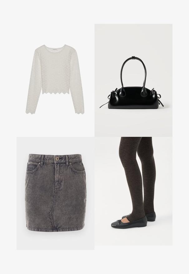 Cremefarvet langærmet top med et tekstureret blomsterdesign, cropped style og bølget kant. Lavet af et let, semi-gennemsigtigt materiale.; Grå denimnederdel med lodret ribbet tekstur, der har en frontknaplukning, to sidelommer og en lige kant.; Ben iført mørke ribbede leggings kombineret med sorte balletsko med små sløjfedetaljer på hvid baggrund.; Lille sort blank håndtaske med to lange håndtag og snøre-detaljer i siden på en ensfarvet lys baggrund.