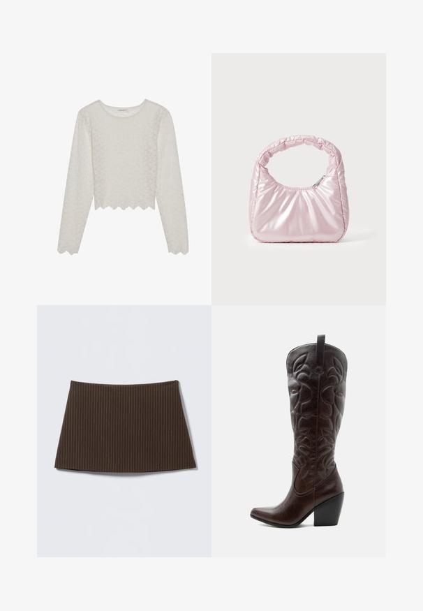Cremefarvet langærmet top med et tekstureret blomsterdesign, cropped style og bølget kant. Lavet af et let, semi-gennemsigtigt materiale.; Brun nederdel med nålestriber, tætsiddende design, glat tekstur og flared kant, ideel til et skræddersyet look.; Høj mørkebrun læder cowboystøvle med syede dekorative mønstre, spids tå og stablet blokhæle.; Rosa, polstret håndtaske med afrundet design, lavet af skinnende materiale. Har et samlet håndtag og en lynlås til sikker adgang.