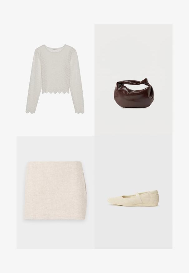 Cremefarvet langærmet top med et tekstureret blomsterdesign, cropped style og bølget kant. Lavet af et let, semi-gennemsigtigt materiale.; Beige linnedyr med et minimalistisk design, der har en glat tekstur og en subtil vævning. Det har en lige, simpel skæring uden synlige lukninger.; Lysebrune ballet flats med en glat læderoverflade, mandelformet tå og elastisk rem over vristen, med diskrete syninger.; Mørkebrun læder skuldertaske med en blød, afslappet form og et snoet knudehåndtag på en ensartet hvid baggrund.