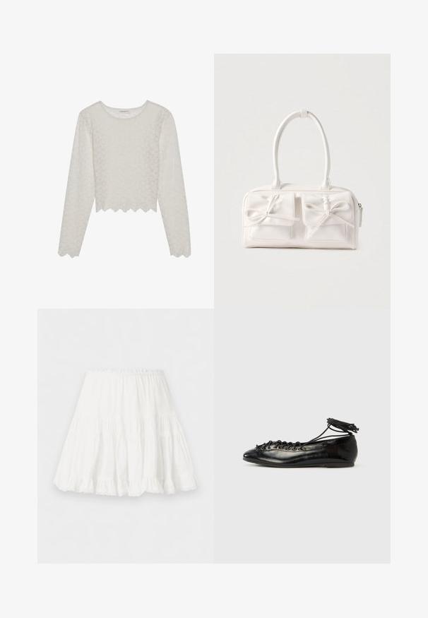 Top de manga larga color crema con un patrón floral texturizado, diseño recortado y dobladillo con forma de concha. Hecho de una tela liviana y semitranslúcida.; Falda blanca de capas con cinturilla elástica y borde con volantes, confeccionada en tela ligera.; Zapatos planos tipo ballet de charol negro con punta redondeada, diseño con cordones y suela plana. Textura lisa con detalles mínimos.; Bolso sintético blanco con dos bolsillos delanteros, cada uno con un detalle de lazo atado. Textura suave, asas redondeadas y cierre de cremallera.