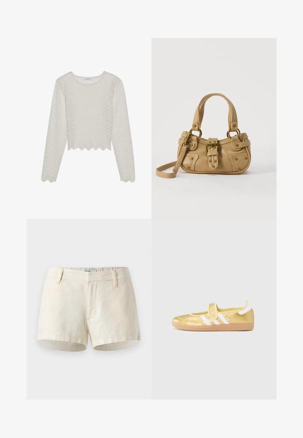 Cremefarvet langærmet top med et tekstureret blomsterdesign, cropped style og bølget kant. Lavet af et let, semi-gennemsigtigt materiale.; Lys beige shorts lavet af linned. Har en flad talje, frontlommer og en ren kant. Simpelt, minimalistisk design.; Guld sneakers med hvide striber og velcrolukning. Glat metallisk finish, rundet tå og tekstureret gummisål.; Beige læderhåndtaske med dobbelte håndtag, messing spænde og nitte detaljer samt en justerbar skulderrem mod en hvid baggrund.