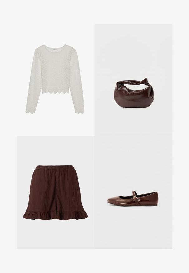 Haut à manches longues couleur crème avec un motif floral texturé, design court et ourlet festonné. Fabriqué à partir d'un tissu léger et semi-transparent.; Shorts en tissu brun texturé avec ceinture élastique et ourlets volantés sur un fond uni clair.; Ballerine en cuir verni marron avec un bout carré et une lanière ornée d'une petite boucle dorée. Texture lisse, talon bas et design minimaliste.; Sac bandoulière en cuir marron foncé avec une forme souple et décontractée et une anse nouée torsadée sur un fond blanc uni.