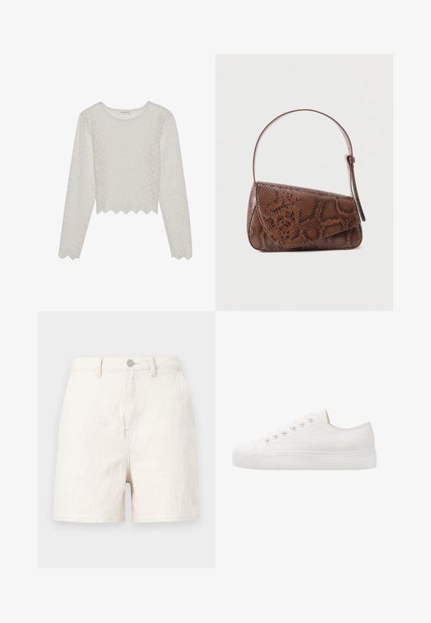 Cremefarvet langærmet top med et tekstureret blomsterdesign, cropped style og bølget kant. Lavet af et let, semi-gennemsigtigt materiale.; Højttaljede off-white denimshorts med forreste knap og bæltestropper, der har et rent, enkelt design uden synlige slidspor eller mønstre.; Hvide kanvas sneakers med rund tå, seks øjer til snørebånd, struktureret gummisul og subtile syningsdetaljer langs siderne.; Brun skuldertaske i læder med slangeskindsmønster, lukkes med klap og har en enkelt justerbar rem mod en ensfarvet baggrund.