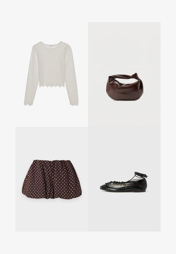 Cremefarvet langærmet top med et tekstureret blomsterdesign, cropped style og bølget kant. Lavet af et let, semi-gennemsigtigt materiale.; Brun mininederdel med hvide prikker, samlet elastik i taljen og en let udvidet silhuet på en ensfarvet baggrund.; Sorte balletflade sko i laklæder med rundet tå, snørelukning og flad sål. Glat tekstur med få detaljer.; Mørkebrun læder skuldertaske med en blød, afslappet form og et snoet knudehåndtag på en ensartet hvid baggrund.
