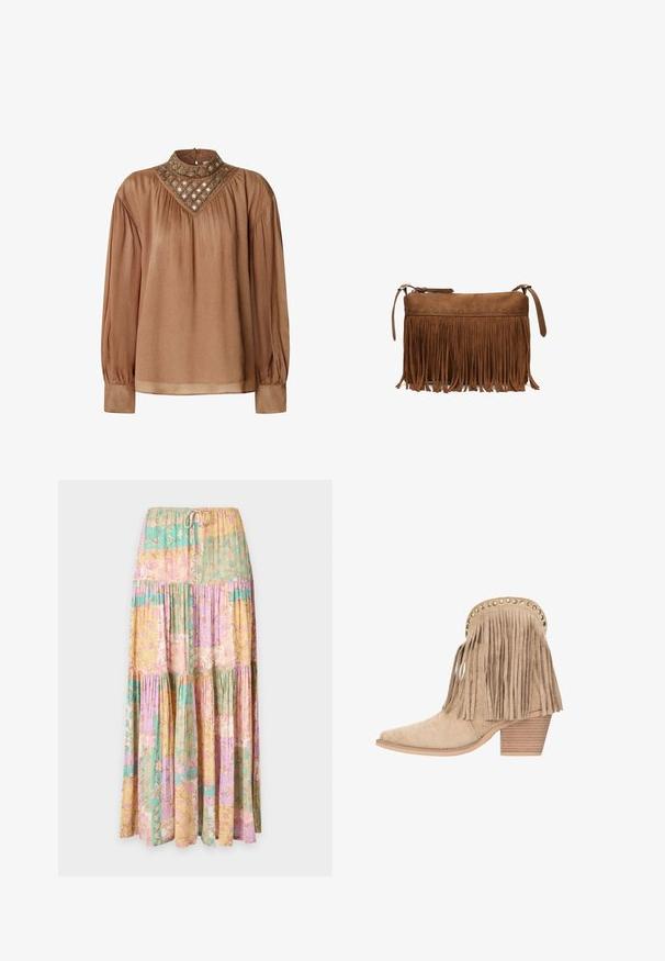 Blusa marrón de manga larga con cuello alto, que presenta un cuerpo texturizado y un escote adornado con patrones circulares y de diamante.; Falda larga con volantes y cintura con cordón, con bloques en tonos pastel de amarillo, rosa, morado y verde con un estampado floral.; Botín de ante beige con detalles de flecos, tachuelas doradas a lo largo del borde superior y tacón bloque de madera apilada.; Bolso cruzado marrón de ante con detalle de flecos largos y cierre de cremallera sobre fondo blanco.