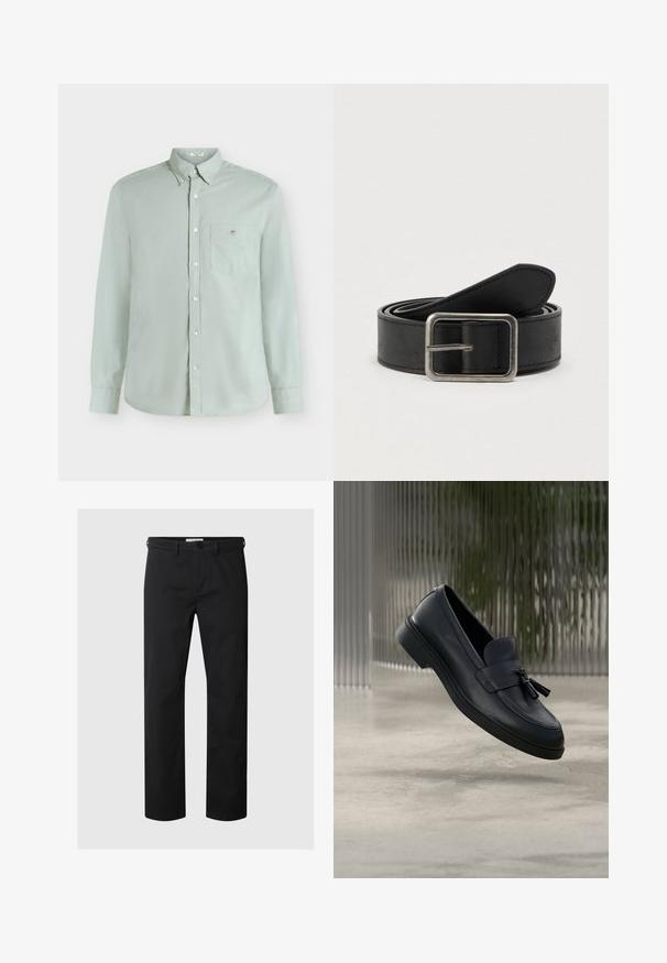 Chemise vert clair à manches longues avec boutons, poche poitrine et petit logo brodé, présentée sur fond blanc uni.; Pantalon noir à jambes droites avec passants de ceinture et fermeture par bouton à la taille, présenté sur un fond clair uni.; Mocassins en cuir noir avec une texture lisse, un bout arrondi et des pampilles décoratives à l'avant. Semelle en caoutchouc flexible avec un petit talon.; Ceinture en cuir noir avec une boucle en métal argenté, présentant une texture lisse et un design simple et classique.