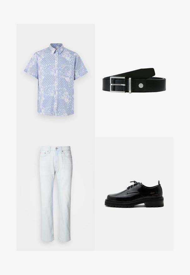 Kortærmet skjorte i lyseblåt stof med et hvidt blomstermønster og en brystlomme med et logo-tag.; Lyseblå denimjeans med lige ben. Har en knaplukning og bæltestropper, viser en falmet tekstur og minimal syning.; Sort poleret læder snørestøvle med tyk gummisål og lav hæl, sideskilt med mærketekst "SAMSOE" og bageste træksnor.; Sort læderbælte med en sølv rektangulær spænde og et gravere logo. Har en glat overflade og et klassisk design.