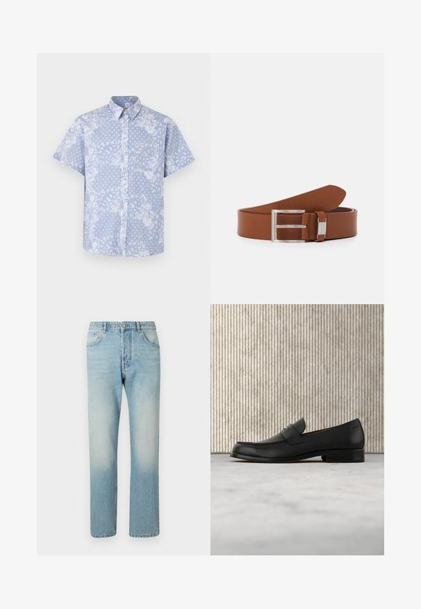 Camisa de botones de manga corta en tela azul clara, con un patrón floral blanco y un bolsillo en el pecho con una etiqueta de logo.; Jeans de color azul claro hechos de denim, con un diseño de pierna recta, estructura de cinco bolsillos y efecto de lavado desgastado en los muslos.; Zapato mocasín de cuero negro flotando sobre una alfombra beige con una mesa redonda marrón brillante al fondo.; Cinturón de cuero marrón con un acabado suave, que presenta una hebilla de doble gancho de metal plateado y un acento con el logo cerca de la hebilla.