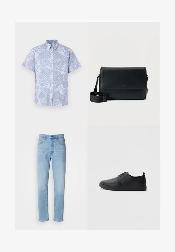 Camisa de botones de manga corta en tela azul clara, con un patrón floral blanco y un bolsillo en el pecho con una etiqueta de logo.; Jeans de mezclilla azul claro con un corte recto, cinco bolsillos y trabillas para cinturón. La tela presenta una textura suave con un ligero efecto de desvanecimiento.; Zapatilla negra de cuero con acabado suave, punta redondeada, costuras a tono, cordones en la parte delantera y suela de goma plana. Asa en el talón.; Bolso mensajero de cuero negro con acabado texturizado, correa ajustable y solapa frontal con un logo sutil. Forma compacta y rectangular.