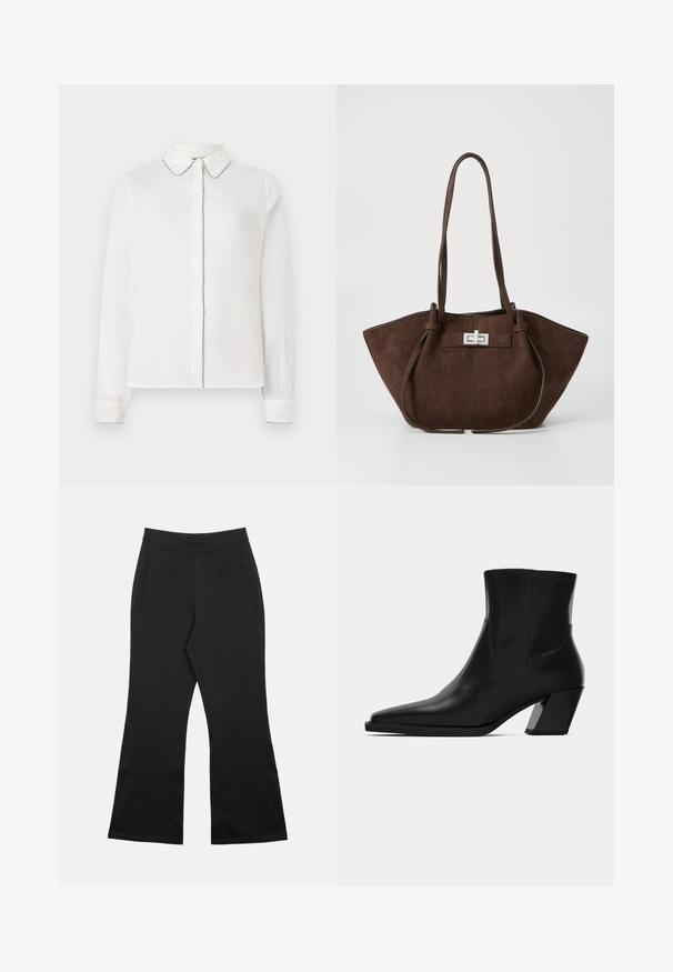 Witte blouse met lange mouwen, een puntige kraag en contrasterende rand langs de randen, met knopen aan de voorkant. Eenvoudig en elegant ontwerp.; Zwarte uitlopende broek gemaakt van gladde stof, met een tailleband met plooien, een rechte snit en gestikte details langs de zijnaden.; Zwarte leren enkelboot met een spitse neus, een slanke silhoeet en een chunky vierkante hak. Gladde textuur met minimale stikdetails.; Bruine suède tote bag met een gestructureerde vorm, voorzien van een zilveren metalen sluiting en twee schouderbanden. Glad van textuur met accentstiksels.