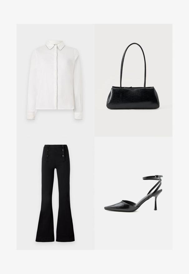 Camisa blanca de manga larga con collar puntiagudo y ribetes en contraste a lo largo de los bordes, abotonada por delante. Diseño simple y elegante.; Pantalones acampanados negros de mezclilla con una cintura alta, que presentan cuatro botones decorativos en la parte delantera y una textura suave.; Zapato de tacón alto negro de punta fina con delgadas correas en el tobillo y cierre de hebilla plateada sobre un fondo liso claro.; Bolso de hombro rectangular negro con correas largas y delgadas y una textura lisa y brillante sobre un fondo liso.