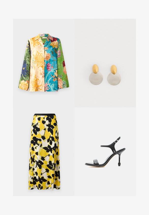Chaqueta de camisa floral multicolor con mangas largas, que presenta una mezcla de tonos amarillos, verdes, azules y morados. La tela tiene una textura suave y un brillo.; Falda amarilla con estampado de hojas en negro y blanco, tejido fluido y cintura ajustada en negro. Silueta en A.; Sandalia negra de cuero con tacón alto, tiras delgadas, puntera abierta y hebilla ajustable en el tobillo, presentada sobre un fondo blanco liso.; Pendientes de metal dorado y plateado con base de disco redondo y pieza superior ovalada, textura suave y acabado pulido.