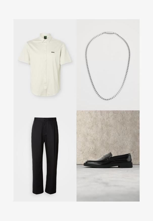 Chemise blanche à manches courtes avec boutons-pression, col boutonné, logo "BOSS" noir sur la poitrine, et étiquette verte à l'intérieur du col.; Pantalon noir à coupe droite, en tissu léger. Il dispose d'une fermeture à bouton sur le devant et de deux poches latérales ; texture lisse.; Mocassin en cuir noir poli flottant au-dessus d'un tapis beige avec un mobilier translucide orange en arrière-plan.; Collier en chaîne tordue en argent avec une texture lisse, présentant un design de fermoir simple. La chaîne a une épaisseur uniforme tout au long.