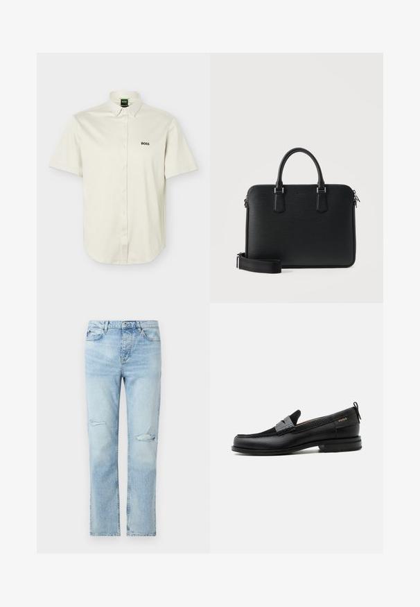 Chemise blanche à manches courtes avec boutons-pression, col boutonné, logo "BOSS" noir sur la poitrine, et étiquette verte à l'intérieur du col.; Jean en denim bleu clair avec une coupe droite, fermeture par boutons, poches avant, et petites déchirures usées sur les deux cuisses.; Mocassin en cuir noir avec détail de bride grise, talon bas et semelle texturée, marqué "HUGO" en or sur le côté.; Mallette en cuir noir avec double poignée, bandoulière amovible et fermeture éclair sur le dessus, sur un fond clair uni.