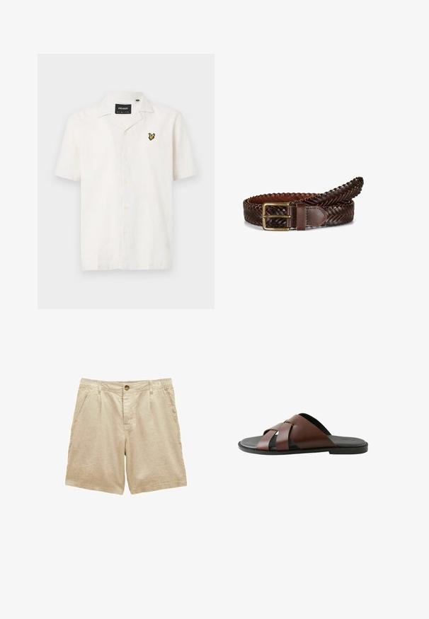 Camisa de lino color crema de mangas cortas con cuello, que presenta un logo bordado en amarillo y negro en el lado izquierdo del pecho y siete botones.; Pantalones cortos de algodón beige con botón delantero, cierre de cremallera, trabillas para cinturón y bolsillos laterales, diseñados para uso casual.; Sandalia deslizante de cuero marrón para hombre con correas cruzadas y suela negra, mostrada de perfil sobre fondo blanco.; Cinturón de cuero trenzado marrón oscuro con hebilla rectangular de latón, enrollado con costuras detalladas en el lazo de la hebilla sobre un fondo blanco.