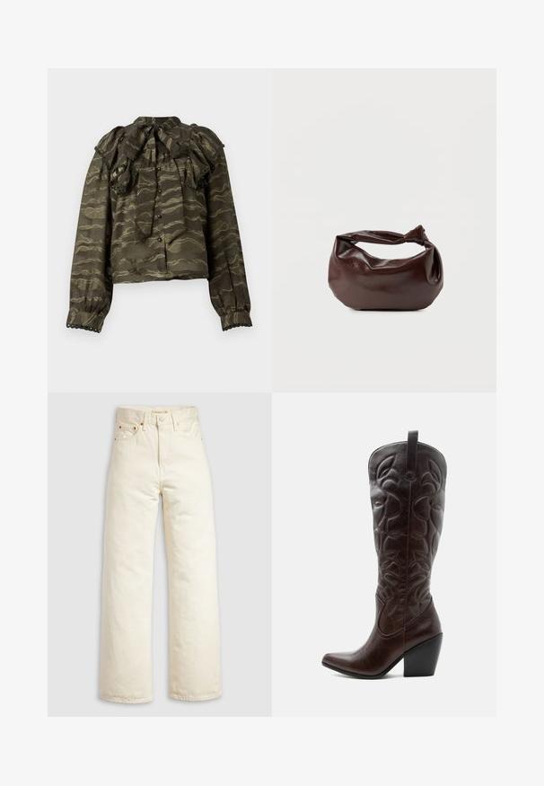 Blouse vert foncé avec col volanté, manches longues et fermetures à boutons. Présente des motifs dorés ondulés et des accents décoratifs en forme de feston aux poignets.; Jean à jambes larges en denim écru, doté d'une taille haute, de rivets en cuivre et d'un design classique à cinq poches. Tissu texturé avec des ourlets nets.; Botte de cowboy haute en cuir marron foncé avec motifs décoratifs cousus, bout pointu et talon bloc empilé.; Sac bandoulière en cuir marron foncé avec une forme souple et décontractée et une anse nouée torsadée sur un fond blanc uni.