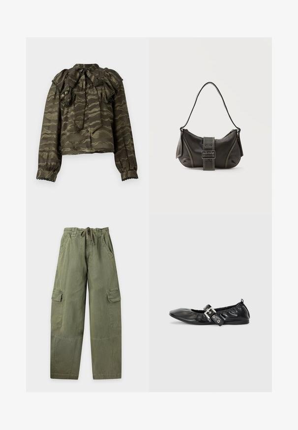 Blusa verde oscuro con cuello fruncido, mangas largas y cierres de botón. Presenta patrones dorados ondulados y acentos decorativos en forma de concha en los puños.; Pantalones cargo de color verde oliva con cintura ajustable con cordón, bolsillos laterales, bolsillos con solapa en los muslos y piernas rectas y anchas.; Zapato plano de piel negra con puntera afilada, detalle fruncido alrededor de la abertura y un acento de hebilla plateada en la correa ajustable.; Bolso de hombro de cuero negro con detalle de correa con hebilla, bordes curvos y costuras blancas en contraste sobre un fondo liso.