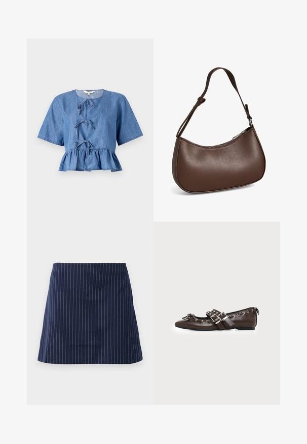 Blouse en denim bleu à manches courtes, col rond, avec des liens à l'avant et un bas en peplum. Texture lisse avec un design décontracté.; Jupe bleu marine avec de fines rayures verticales blanches et une coupe droite au-dessus du genou, présentée sur un fond blanc uni.; Chaussure plate en cuir marron foncé avec bout pointu, doubles brides à boucles argentées, œillets métalliques et nœud décoratif à l'avant.; Petit sac bandoulière en cuir marron avec sangle réglable et fermeture éclair, présenté sur fond blanc. Aucun logo ou décoration visible.
