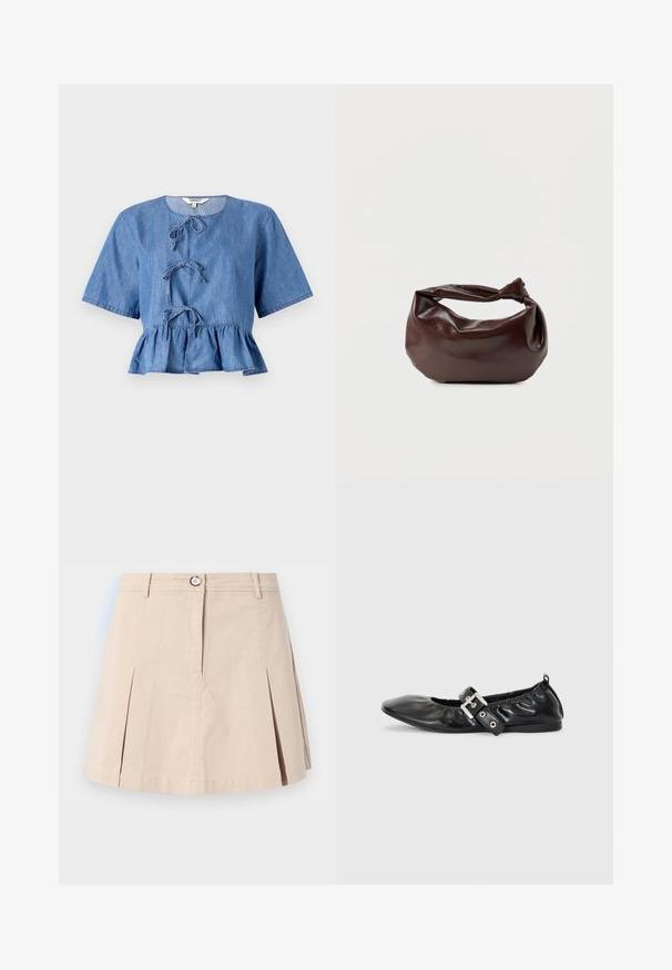 Blå denimbluse med korte ærmer, rund halsudskæring, frontbindinger og en peplumnederdel. Glat tekstur med et afslappet design.; Beige kort nederdel med forreste plisseringer, knap, lynlås og bæltestropper, vist mod en ensfarvet lys baggrund.; Sorte læder flade sko med spids tå, samling detaljer omkring åbningen, og en sølv spænde accent på den justerbare rem.; Mørkebrun læder skuldertaske med en blød, afslappet form og et snoet knudehåndtag på en ensartet hvid baggrund.