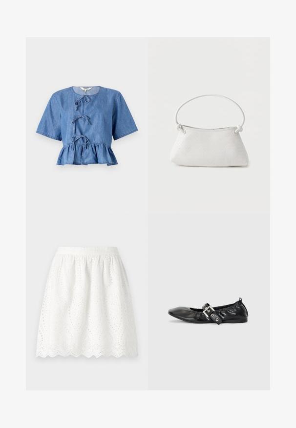Blouse en denim bleu à manches courtes, col rond, avec des liens à l'avant et un bas en peplum. Texture lisse avec un design décontracté.; Jupe blanche en dentelle avec un ourlet en forme de vagues. Présente une taille froncée et des motifs perforés complexes sur tout le tissu.; Chaussure plate en cuir noir avec un nez pointu, des détails froncés autour de l'ouverture et un accent en boucle argentée sur la bride ajustable.; Sac à main en cuir tressé blanc avec poignée arrondie et extrémités de lanière nouées, présenté sur un fond uni.