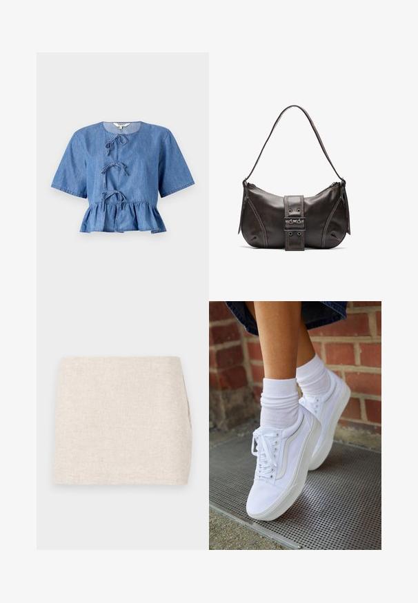 Blå denimbluse med korte ærmer, rund halsudskæring, frontbindinger og en peplumnederdel. Glat tekstur med et afslappet design.; Beige linnedyr med et minimalistisk design, der har en glat tekstur og en subtil vævning. Det har en lige, simpel skæring uden synlige lukninger.; Hvide lærreds sneakers med gummisåler, der har seks snørehuller, rund tå og let sømdetaljer, krydret med hvide ankelstrømper.; Brun læder skuldertaske med en buet form, der har et fremtrædende spænde, kontrasterende syninger og en enkelt skulderrem.
