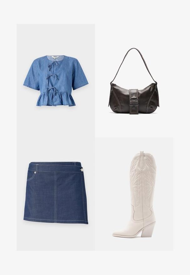 Blå denimbluse med korte ærmer, rund halsudskæring, frontbindinger og en peplumnederdel. Glat tekstur med et afslappet design.; Mørkeblåt denim miniskørt med hvid syning, der har en enkelt forlommer og en metalknaplukning ved taljen.; Hvide læder cowboystøvler med spidse tæer og blokhæle. Har intrikate syninger på skaftet og en glat tekstur.; Brun læder skuldertaske med en buet form, der har et fremtrædende spænde, kontrasterende syninger og en enkelt skulderrem.