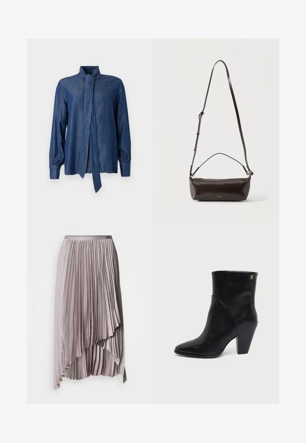 JOOP! ULLA - Chemisier - dark blue; Jupe plissée asymétrique mauve clair avec ceinture en satin et ourlet en cascade superposé, sur fond uni.; Bottine en cuir noir à bout pointu, talon carré et petit logo doré près du bord supérieur sur le côté extérieur.; Petit sac à bandoulière en cuir marron foncé brillant avec bandoulière réglable, poignée supérieure et fermeture éclair dorée.