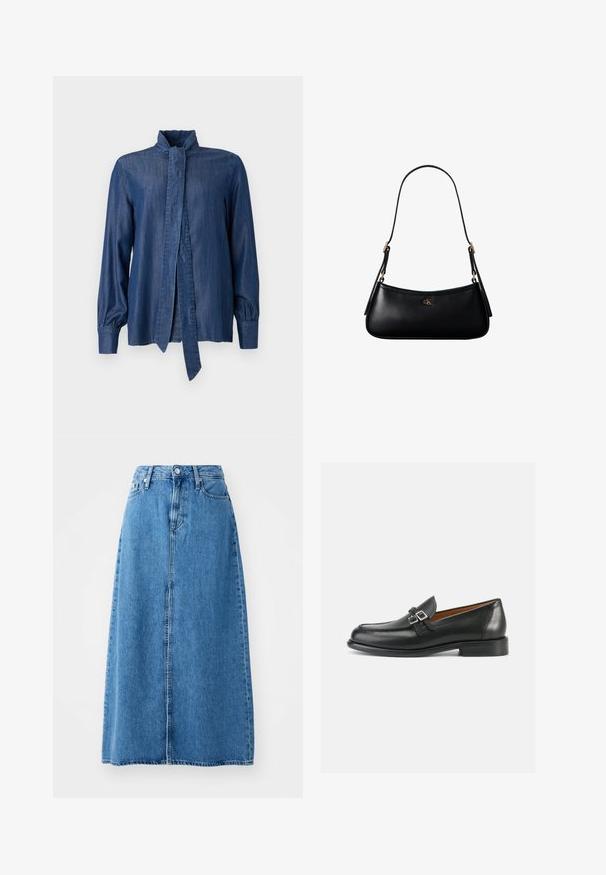 JOOP! ULLA - Chemisier - dark blue; Jupe maxi en denim bleu avec une fermeture à boutons à l'avant, deux poches et un design droit avec un ourlet brut. Classique et polyvalente.; Mocassins en cuir noir avec un design cousu, comportant un double accent boucle et un talon légèrement surélevé pour plus de hauteur.; Mini sac à bandoulière en cuir noir avec une fine bandoulière et un petit logo CK doré au centre avant.