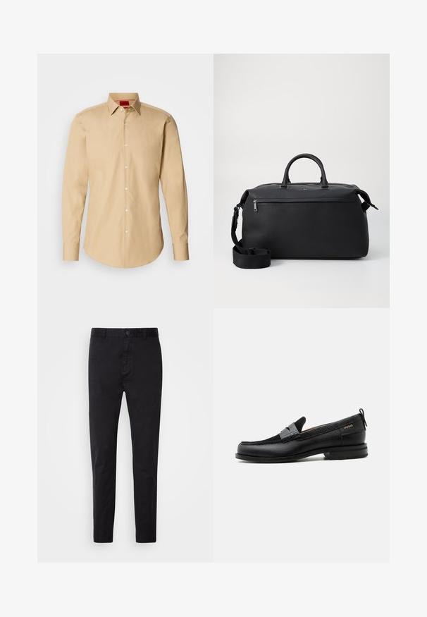 Camisa beige de botones hecha de tejido suave, con un cuello clásico, mangas largas y una textura sutil con botones blancos.; Chinos negros con una textura suave, cierre de botón y diseño ajustado. Ideales para un look casual o semi-formal.; Mocasín de cuero negro con detalle de tira gris, tacón bajo y suela texturizada, con la marca "HUGO" en oro en el lateral.; Bolsa de viaje de cuero negro con dos asas superiores, una correa de hombro desmontable y un bolsillo frontal con cremallera para almacenamiento adicional.