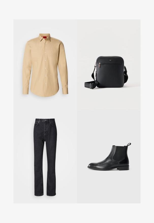 Camisa beige de botones hecha de tejido suave, con un cuello clásico, mangas largas y una textura sutil con botones blancos.; Jeans de mezclilla negros de cintura alta con cierre de botón y cremallera, bolsillos frontales y traseros, y corte recto.; Botín negro de cuero hasta el tobillo con paneles elásticos a los lados, punta redondeada y lengüeta. Textura suave, suela plana, diseño minimalista.; Bolso bandolera de cuero negro con bolsillo delantero con cremallera y correa ajustable sobre un fondo blanco liso.