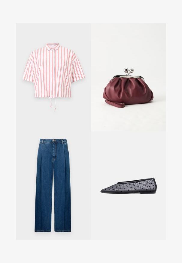 Chemise blanche à manches courtes avec des rayures rouges verticales, boutonnage sur le devant, col et cordon de serrage à l'ourlet.; Pantalons en denim à jambes larges de couleur bleu foncé, avec des plis frontaux, une fermeture à bouton et des coutures classiques le long des coutures. Texture lisse tout au long.; Chaussure plate noire à bout pointu, en tissu transparent avec un motif à pois noirs sur un fond clair.; Petit sac pochette en cuir bordeaux avec fermoir métallique argenté et bracelet sur fond blanc.