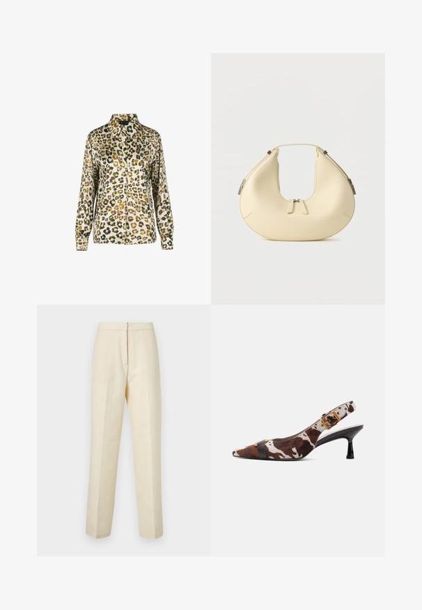Bluse med leopardprint, kraveudskæring, lange ærmer og knaplukning foran. Stoffet har en glat og skinnende tekstur.; Lyscremede skræddersyede bukser med et tekstureret blomstermønster, der har lige ben og en ren talje med lukning bagpå.; Slingback kitten heel-sko med brun og hvid ko-print, spids tå, sort rem foran og gulddetalje med spænde på ankelrem.; Beige håndtaske i halvmåneform med dobbelt lynlåslukning og kort håndtag, udstyret med sølvfarvede hardware-detaljer på siderne.
